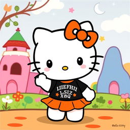Hello Kitty wearing a stylish orange skirt and a black Ouija board t-shirt, standing in a cheerful pose