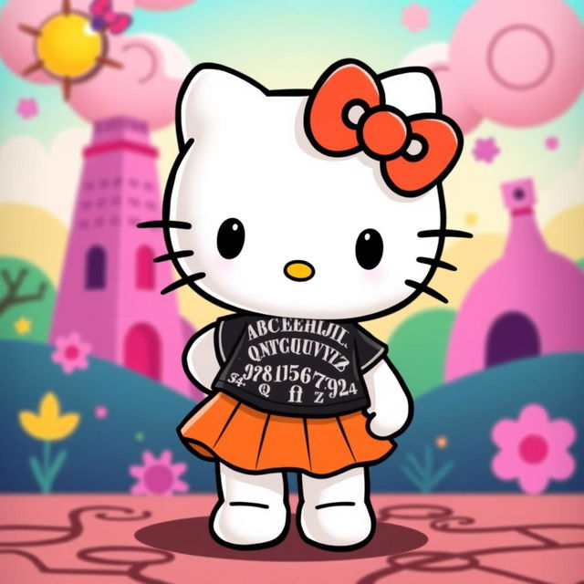 Hello Kitty wearing a stylish orange skirt and a black Ouija board t-shirt, standing in a cheerful pose