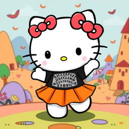 Hello Kitty wearing a stylish orange skirt and a black Ouija board t-shirt, standing in a cheerful pose