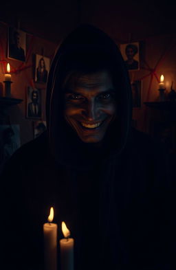 A chilling portrait of a fictional serial killer in a dimly lit room, shrouded in shadows, with an enigmatic smile that hints at madness