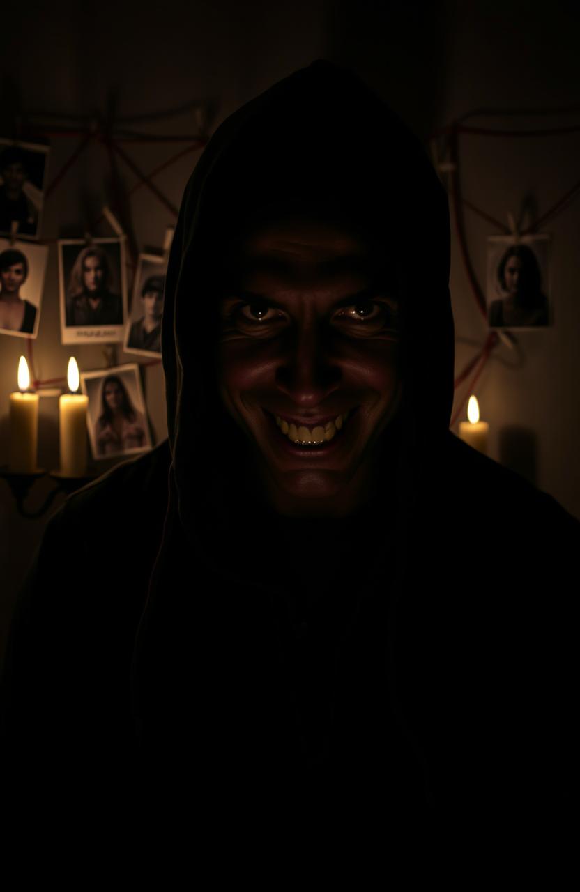 A chilling portrait of a fictional serial killer in a dimly lit room, shrouded in shadows, with an enigmatic smile that hints at madness