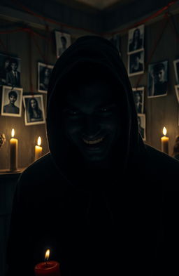 A chilling portrait of a fictional serial killer in a dimly lit room, shrouded in shadows, with an enigmatic smile that hints at madness