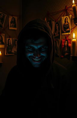 A chilling portrait of a fictional serial killer in a dimly lit room, shrouded in shadows, with an enigmatic smile that hints at madness