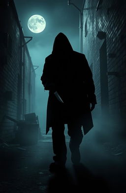 A dark and eerie scene depicting a serial killer stalking their prey through a desolate, foggy alley