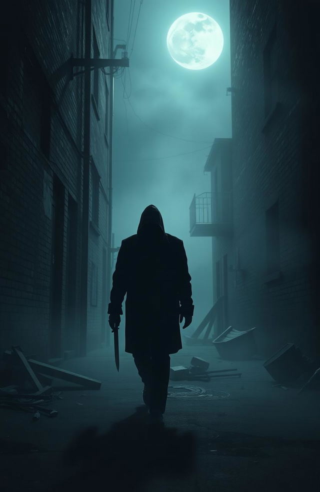 A dark and eerie scene depicting a serial killer stalking their prey through a desolate, foggy alley