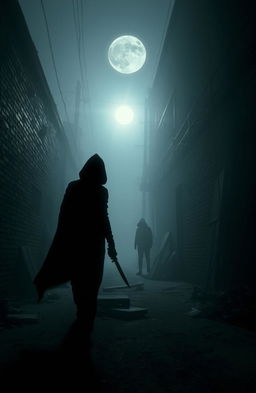 A dark and eerie scene depicting a serial killer stalking their prey through a desolate, foggy alley