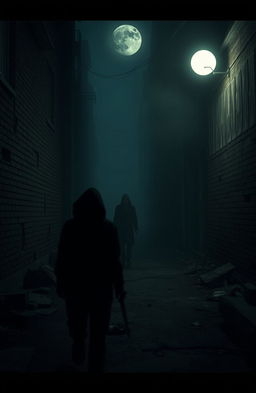 A dark and eerie scene depicting a serial killer stalking their prey through a desolate, foggy alley