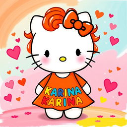 Hello Kitty with curly red hair, wearing an orange dress adorned with the name 'KARINA' in playful, colorful letters