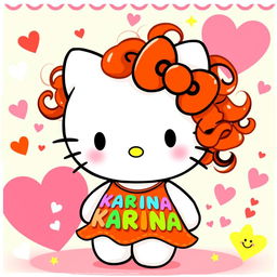 Hello Kitty with curly red hair, wearing an orange dress adorned with the name 'KARINA' in playful, colorful letters