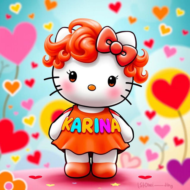 Hello Kitty with curly red hair, wearing an orange dress adorned with the name 'KARINA' in playful, colorful letters