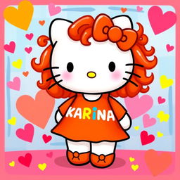 Hello Kitty with curly red hair, wearing an orange dress adorned with the name 'KARINA' in playful, colorful letters