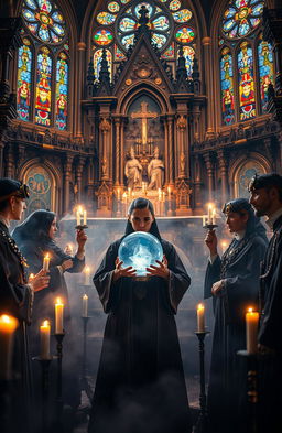 A captivating scene featuring a group of mystic Catholics engaged in a ritual, blending elements of steampunk aesthetics