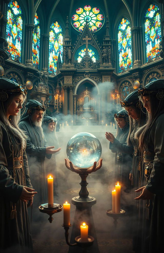 A captivating scene featuring a group of mystic Catholics engaged in a ritual, blending elements of steampunk aesthetics