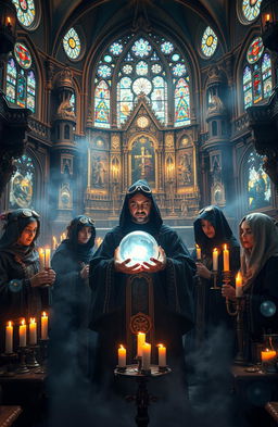 A captivating scene featuring a group of mystic Catholics engaged in a ritual, blending elements of steampunk aesthetics