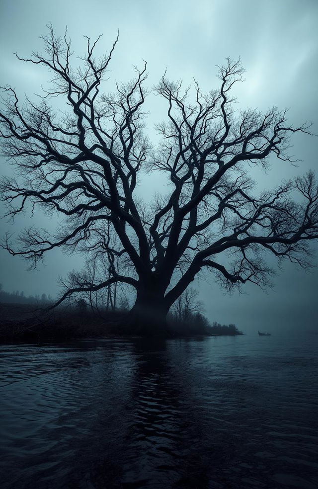 A dark and eerie landscape depicting a shadowy river under a murky, overcast sky