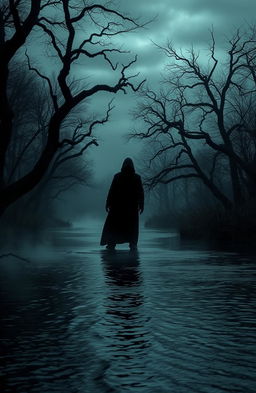 A dark and eerie landscape depicting a shadowy river under a murky, overcast sky