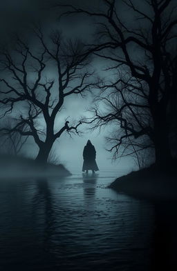 A dark and eerie landscape depicting a shadowy river under a murky, overcast sky