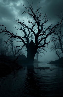 A dark and eerie landscape depicting a shadowy river under a murky, overcast sky