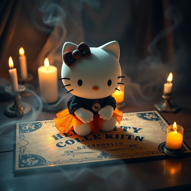 Hello Kitty wearing a stylish black blouse and a vibrant orange skirt, seated on a mystical Ouija board