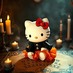 Hello Kitty wearing a stylish black blouse and a vibrant orange skirt, seated on a mystical Ouija board