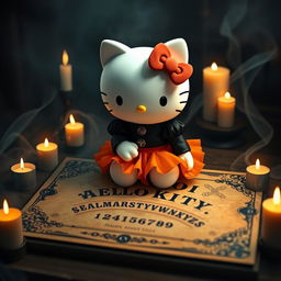 Hello Kitty wearing a stylish black blouse and a vibrant orange skirt, seated on a mystical Ouija board