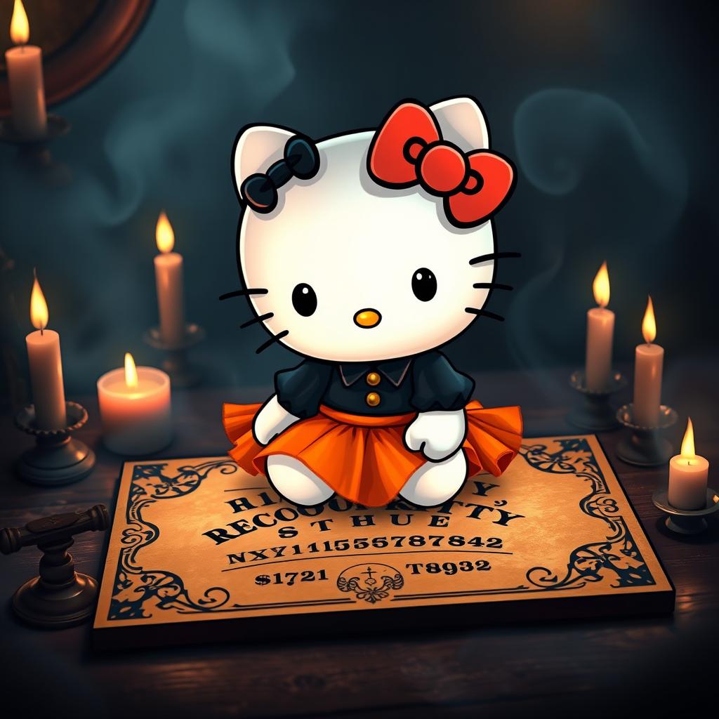 Hello Kitty wearing a stylish black blouse and a vibrant orange skirt, seated on a mystical Ouija board