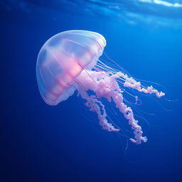 A stunningly realistic and highly detailed image of a jellyfish gracefully floating in deep blue water