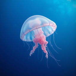 A stunningly realistic and highly detailed image of a jellyfish gracefully floating in deep blue water
