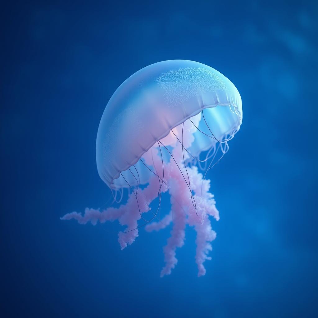 A stunningly realistic and highly detailed image of a jellyfish gracefully floating in deep blue water