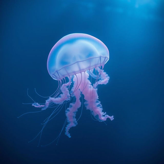 A stunningly realistic and highly detailed image of a jellyfish gracefully floating in deep blue water