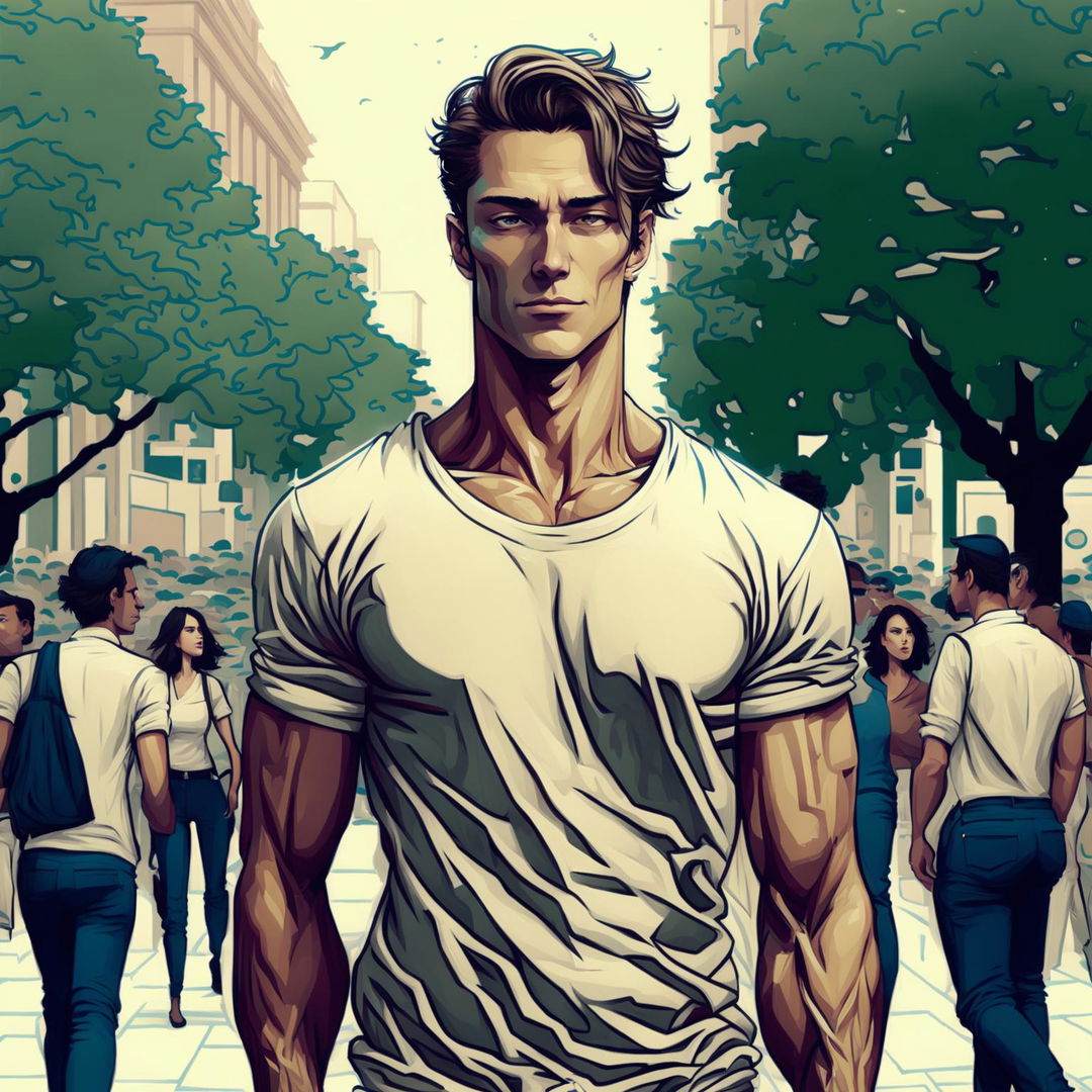 A high-quality digital art image depicting a sigma male in a serene urban setting