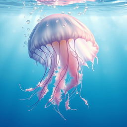 An enchanting and realistic image of a beautiful jellyfish gracefully drifting in the clear blue sea