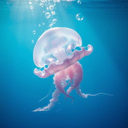 An enchanting and realistic image of a beautiful jellyfish gracefully drifting in the clear blue sea