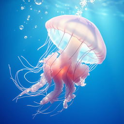 An enchanting and realistic image of a beautiful jellyfish gracefully drifting in the clear blue sea