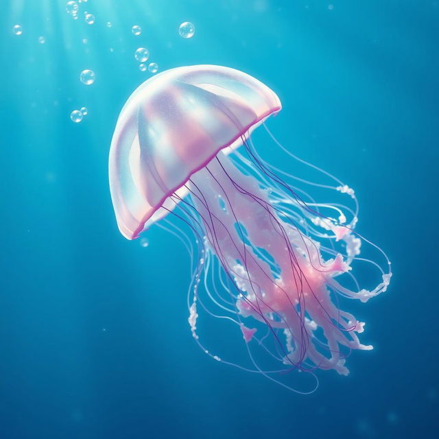 An enchanting and realistic image of a beautiful jellyfish gracefully drifting in the clear blue sea