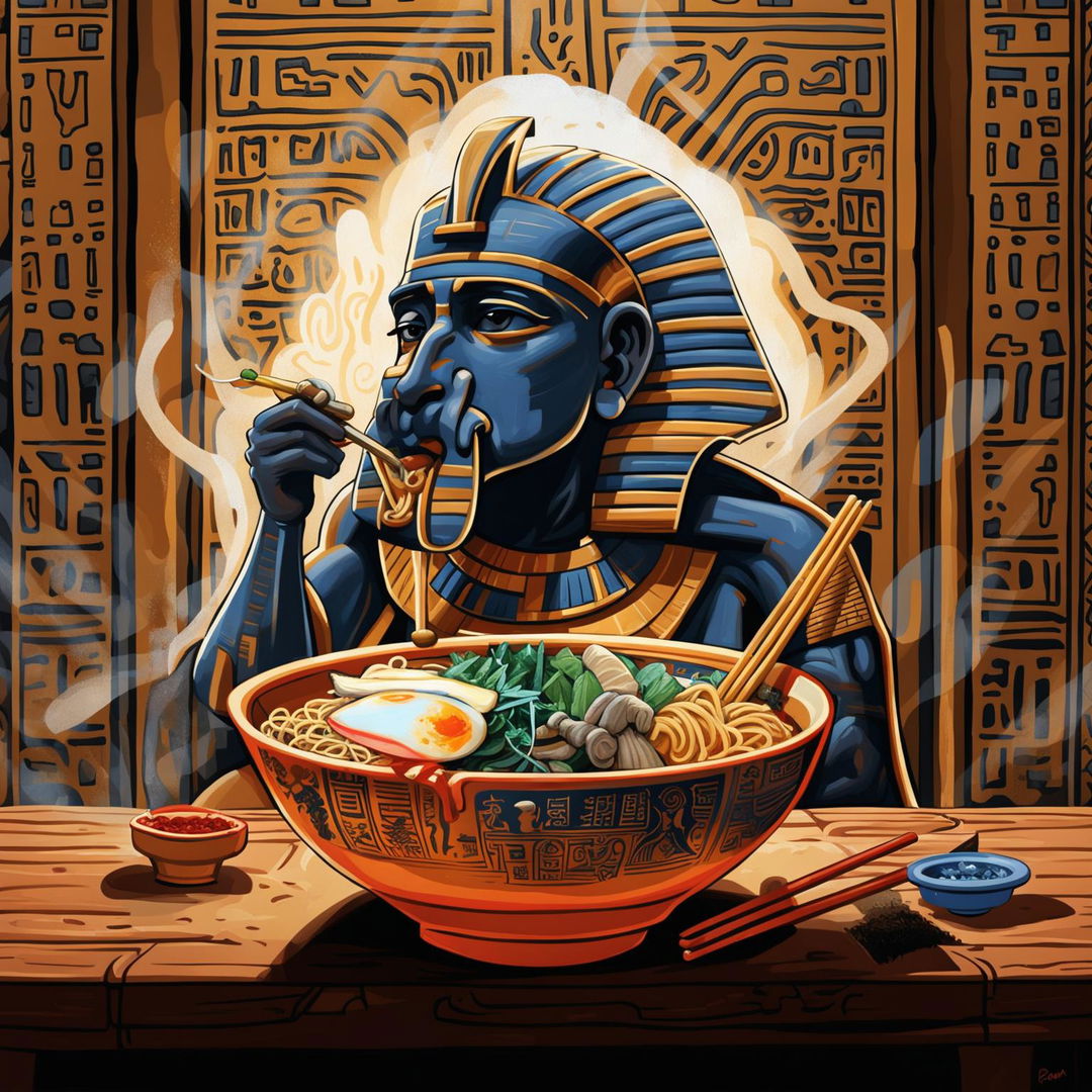 A high-quality digital painting of Pharaoh Tutankhamen, in his iconic headdress, eating a detailed bowl of ramen at a wooden table