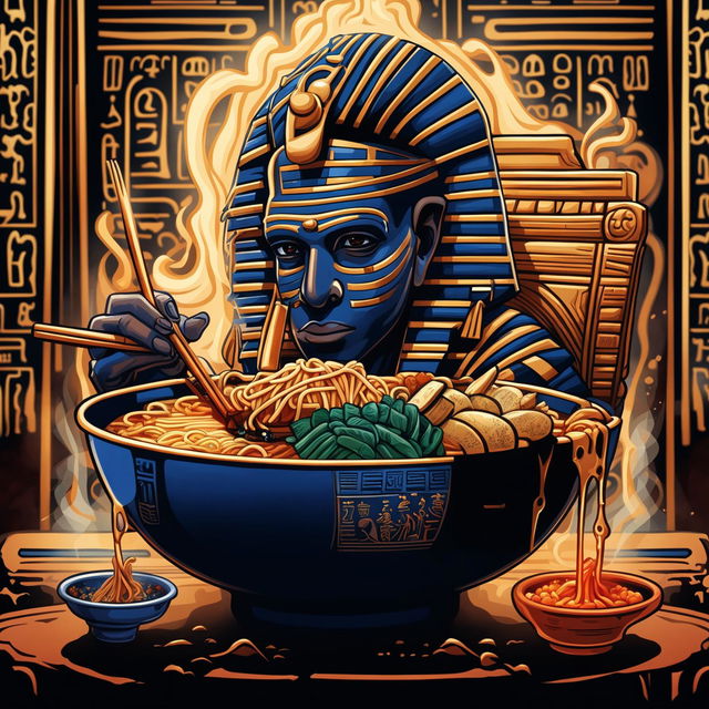 A meticulously crafted digital art piece that imagines Tutankhamen, the ancient Egyptian Pharaoh, enjoying a bowl of ramen