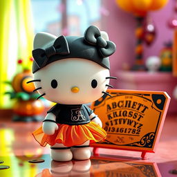 A cute and playful Hello Kitty character wearing a black Ouija-themed t-shirt and an orange skirt, standing next to a 3D Ouija board