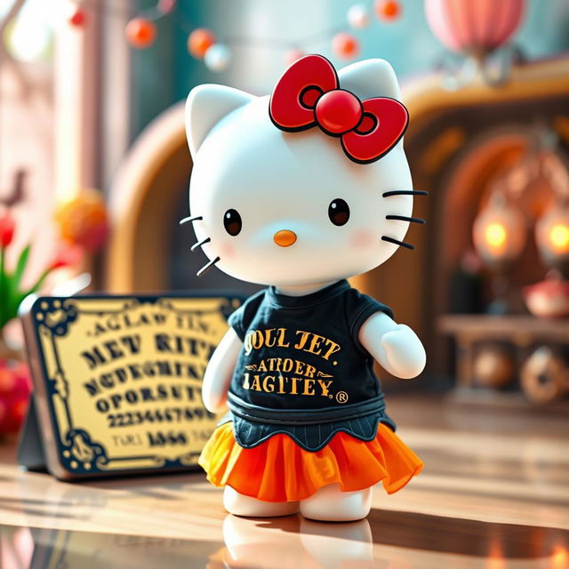 A cute and playful Hello Kitty character wearing a black Ouija-themed t-shirt and an orange skirt, standing next to a 3D Ouija board