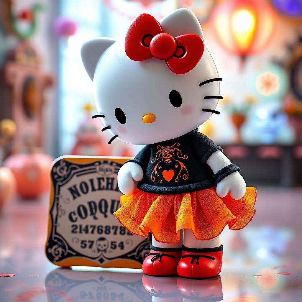 A cute and playful Hello Kitty character wearing a black Ouija-themed t-shirt and an orange skirt, standing next to a 3D Ouija board