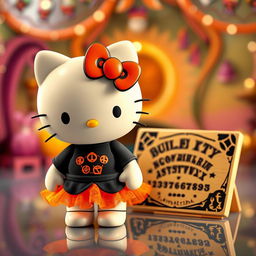 A cute and playful Hello Kitty character wearing a black Ouija-themed t-shirt and an orange skirt, standing next to a 3D Ouija board