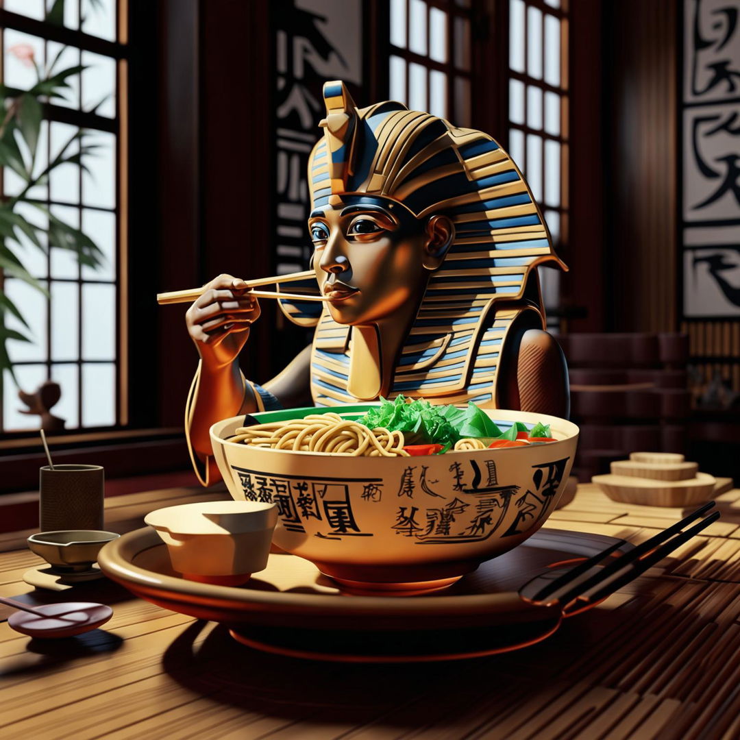 A photorealistic digital rendering of Tutankhamen, the ancient Egyptian Pharaoh, seated at a traditional Japanese dining table, eating a bowl of ramen