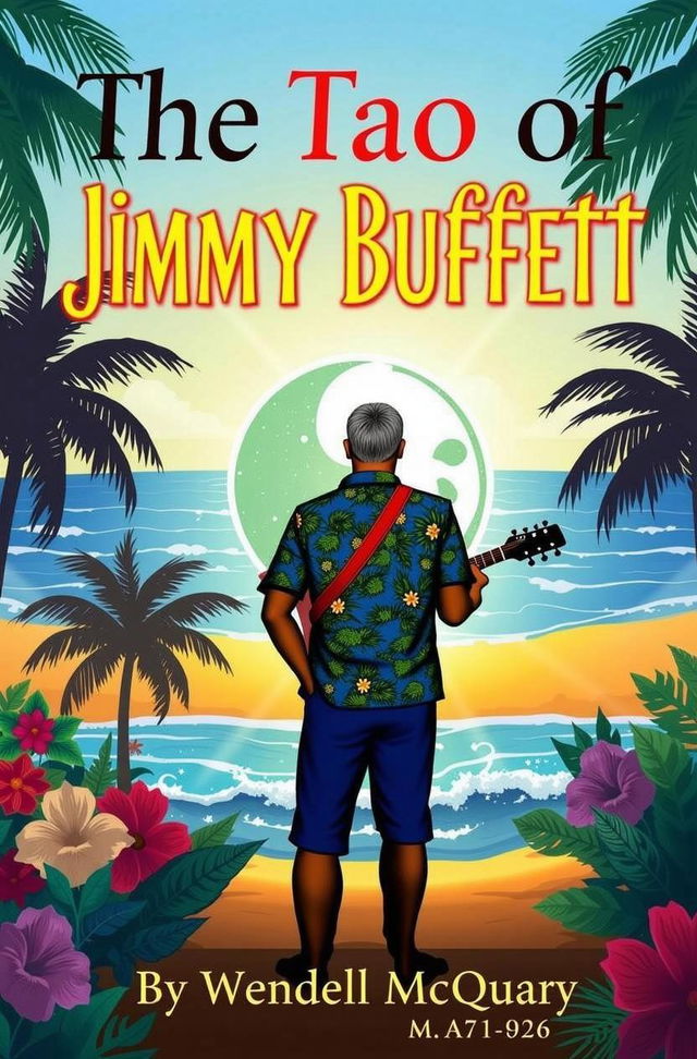 A vibrant, tropical beach scene featuring a man with gray hair in a colorful floral shirt, standing with a guitar