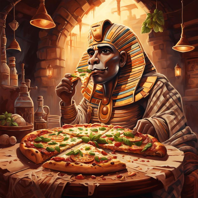 A high-quality digital painting that humorously depicts Tutankhamen, the ancient Egyptian Pharaoh, enjoying a slice of classic Margherita pizza in a traditional Italian trattoria