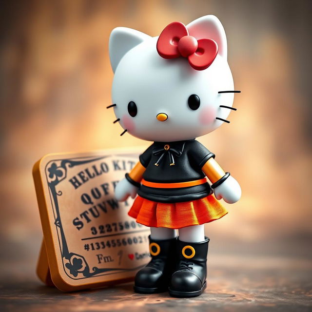 A cute and playful Hello Kitty character wearing a black t-shirt and an orange skirt paired with long black boots