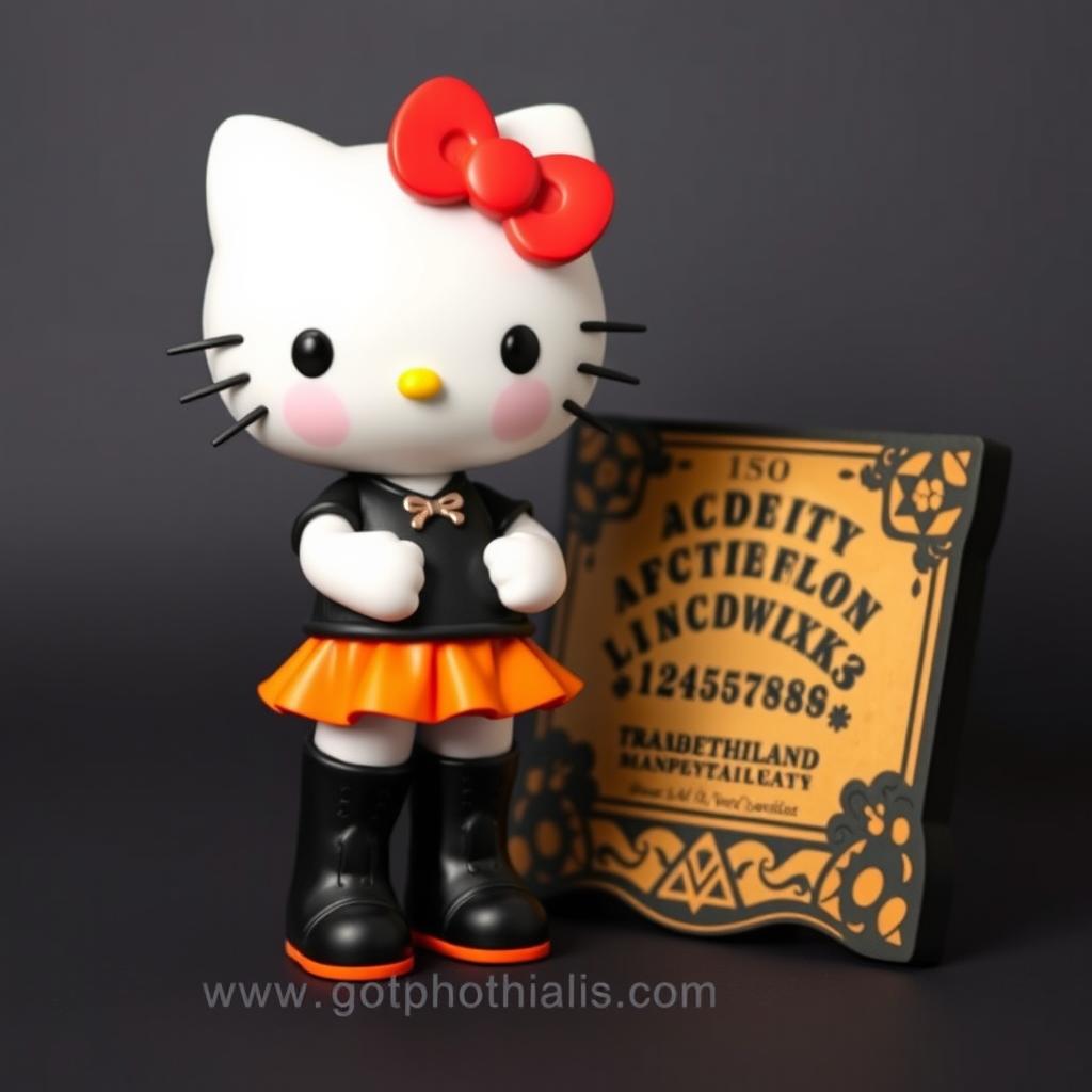 A cute and playful Hello Kitty character wearing a black t-shirt and an orange skirt paired with long black boots