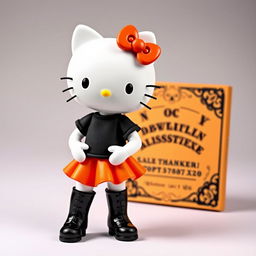 A cute and playful Hello Kitty character wearing a black t-shirt and an orange skirt paired with long black boots