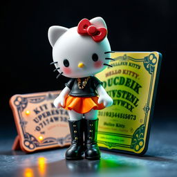 A cute and playful Hello Kitty character wearing a black t-shirt and an orange skirt paired with long black boots