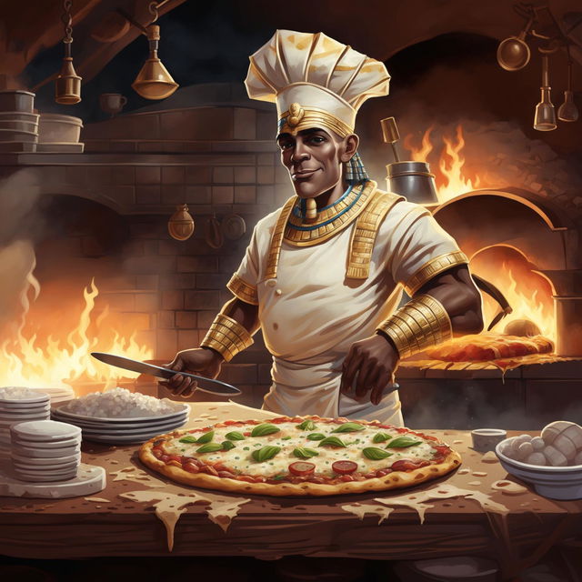 A high-quality digital art piece that reimagines Tutankhamen, the ancient Egyptian Pharaoh, as a pizza chef in a rustic Italian pizzeria