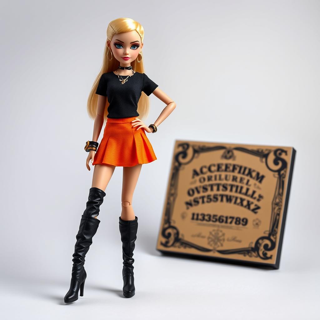 A stylish Bratz doll character wearing a black t-shirt and an orange skirt, complemented by long black boots